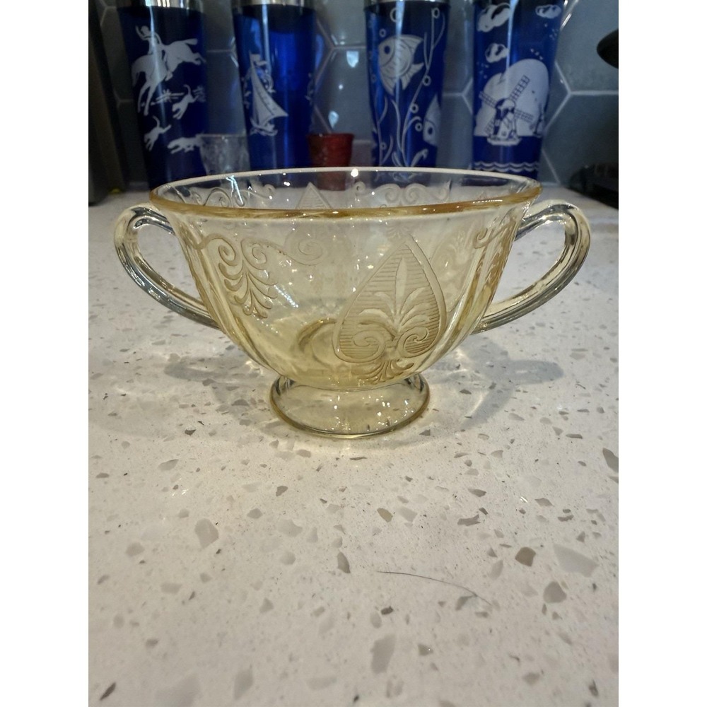 Fostoria Etched Trojan Topaz Yellow Two Handled Bullion Cup Depression Glass